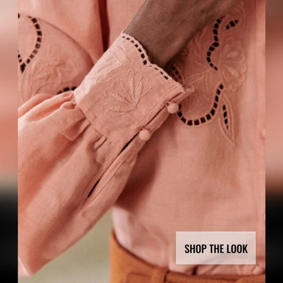 Sezane Lilia Peach Blush Button Down Shirt with Embroidery - Picture 3 of 6